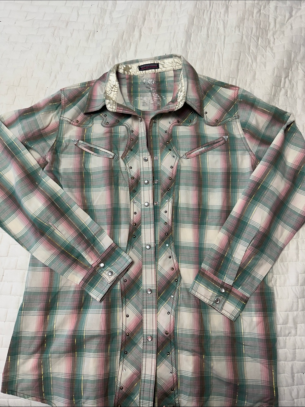 Rock 47 by Wrangler Green & Pink Plaid Snap-Front Western Shirt